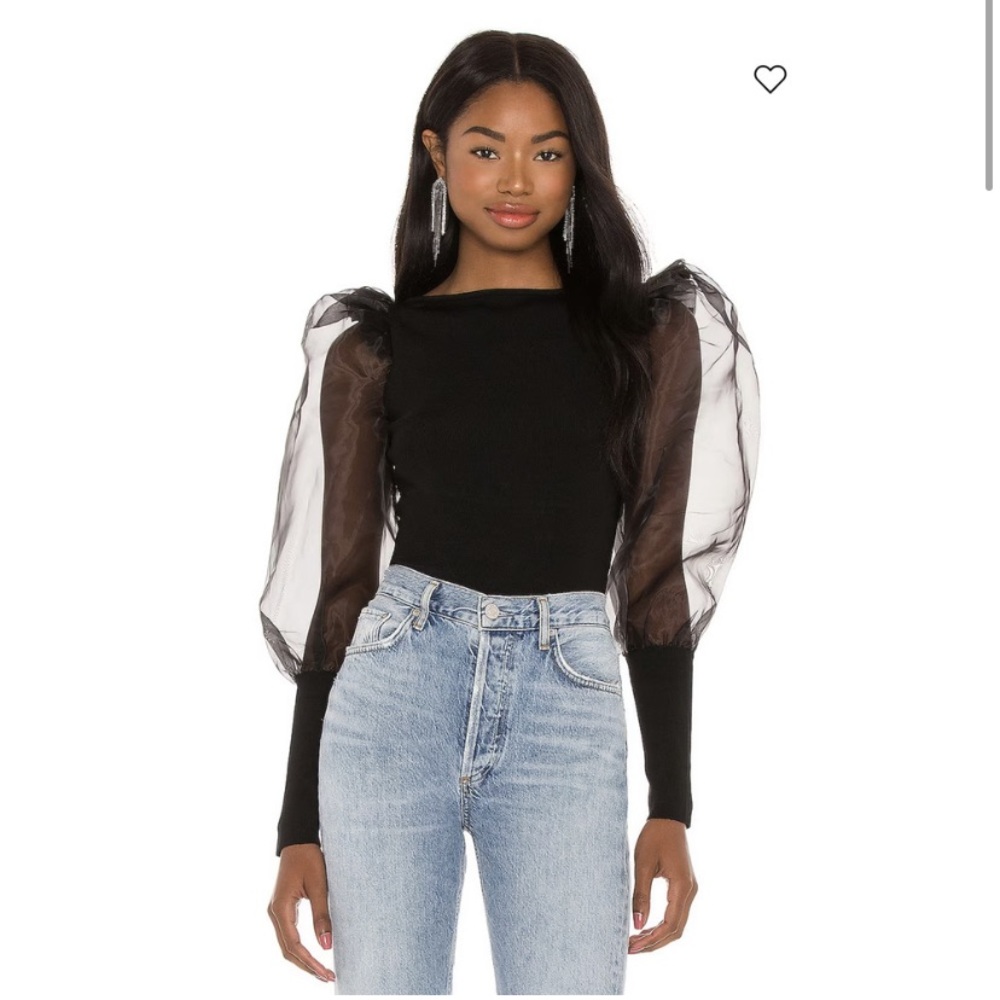 Alice & Olivia Abella Black Sheer Puff Sleeves Top